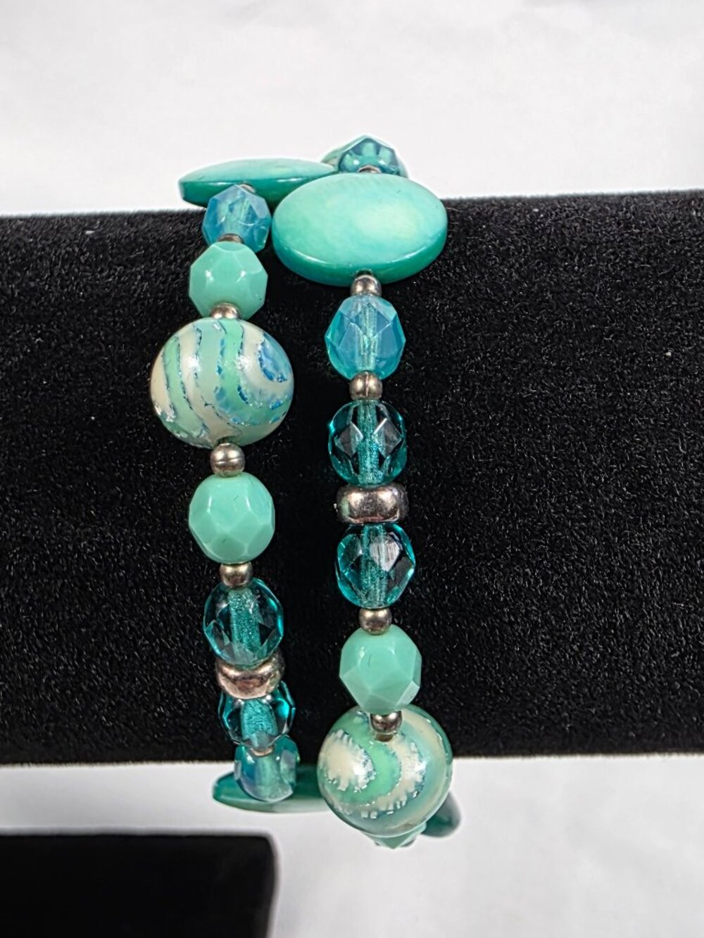 Two-Strand Turquoise Color Beaded Bracelet Swirl, Solid & Translucent Beads